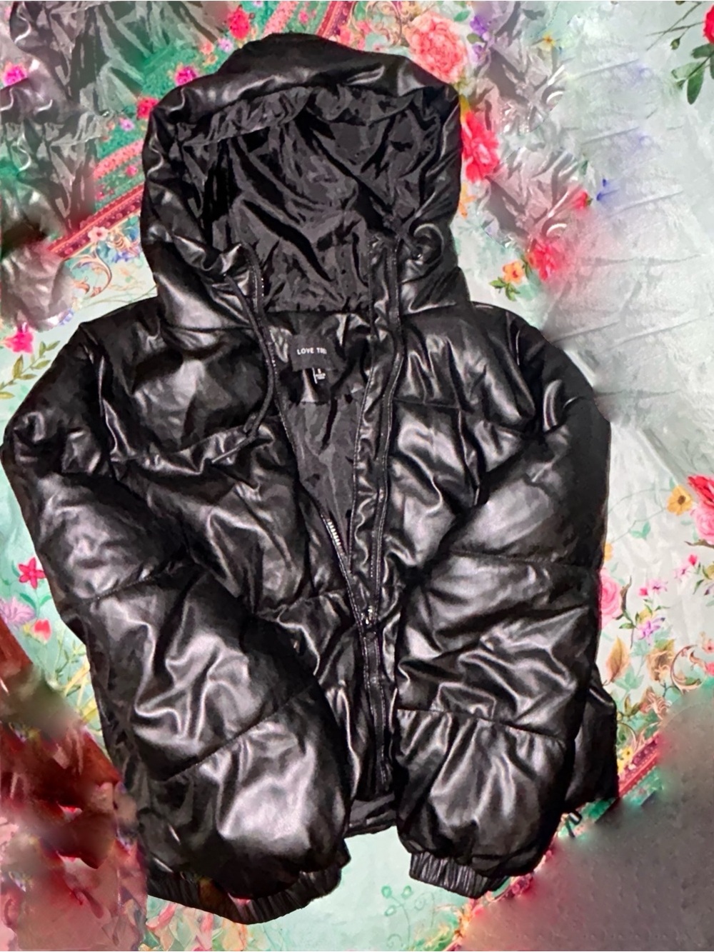 Love Tree Black Faux Leather Cropped Hooded Puffer Coat